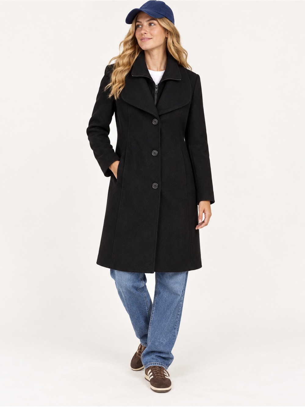 Marcona Black Wool Blend Zip Front Shawl Collar Tailored Coat Floral Lining S